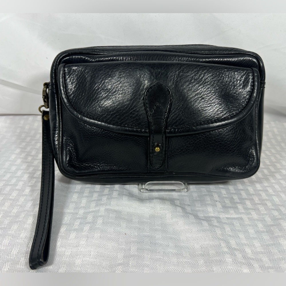 7043: Vintage Bally Black Leather Multi-Compartment Wristlet Clutch